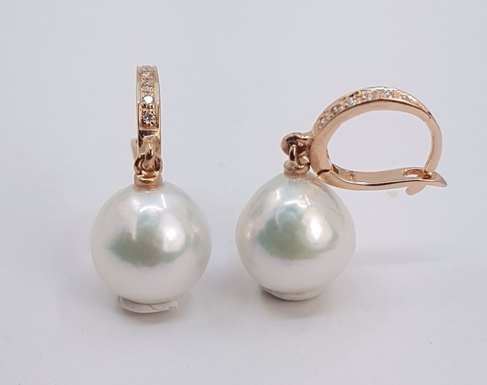 10.5mm White Edison Pearls - 0.09Ct - 耳環 玫瑰金 