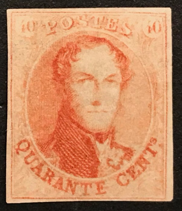 比利時 1861 - 利奧波德一世獎章 12B：40c 胭脂紅厚紙 - 豪華邊距 - OBP 12B