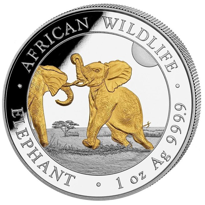 Somalia. 100 Shillings 2024 African Wildlife - Elefant Gilded, 1 Oz (.999)