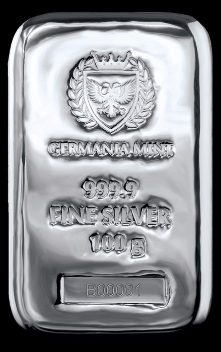 100 grams - Ασημί .999 - Germania Mint - Αύξων αριθμός και κωδικός αναγνώρισης  (χωρίς τιμή ασφαλείας)