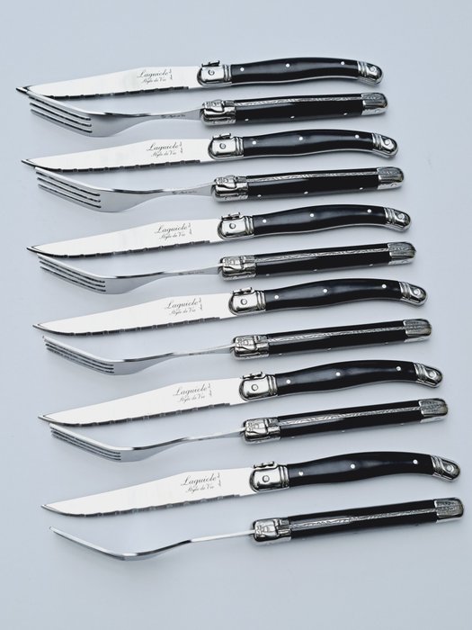 Laguiole - 6x Forks & 6x Knives - Black - Steak style de - Ménagère (12) - Acier inoxydable