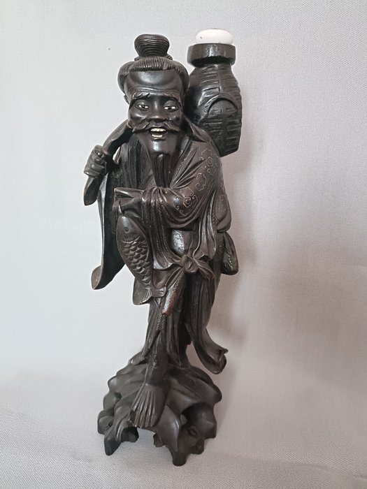 Figura - Wood statue of immortality god Shou Xing - Madera - China - Congreso Nacional de la India (1885 – 1905)