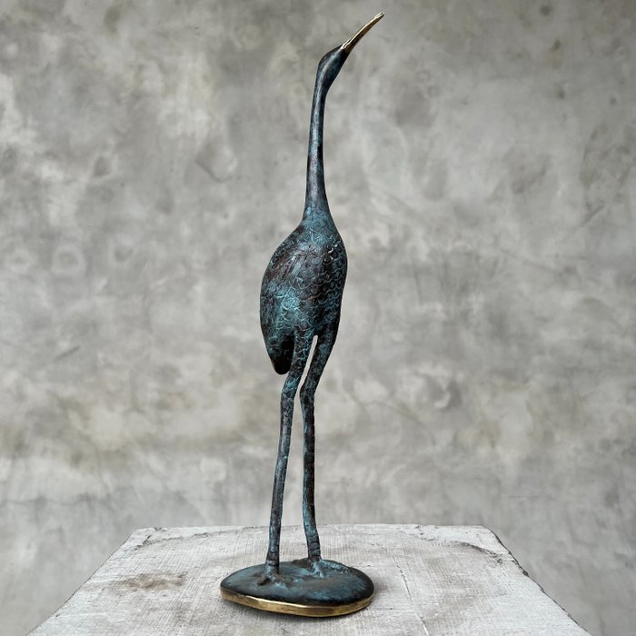 Scultura, NO RESERVE PRICE - Patinated Crane Bird Sculpture - 35 cm - Bronzo