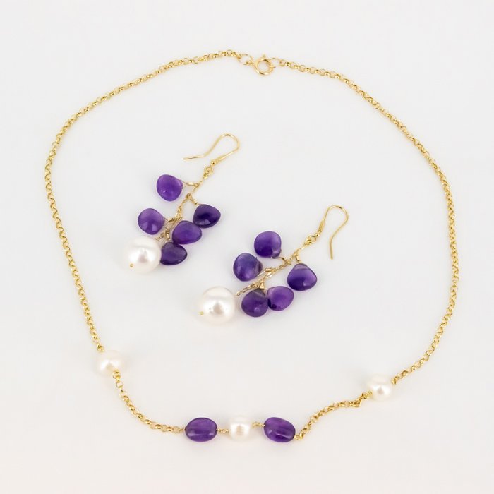 2件套珠宝 - 18K包金 黄金 紫水晶 - 珍珠