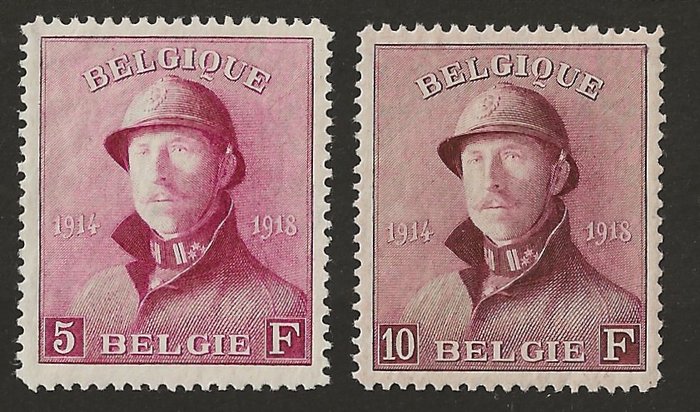 Belgique 1919 - Albert Ier avec casque - 5F et 10F, avec bons centres - OBP/COB 177/78