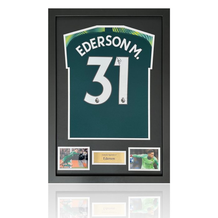曼城 - 英超 - Ederson - persönlich handsigniert und luxuriös gerahmt (ca. 60 x 80 cm) - original Heimtrikot - Football jersey 