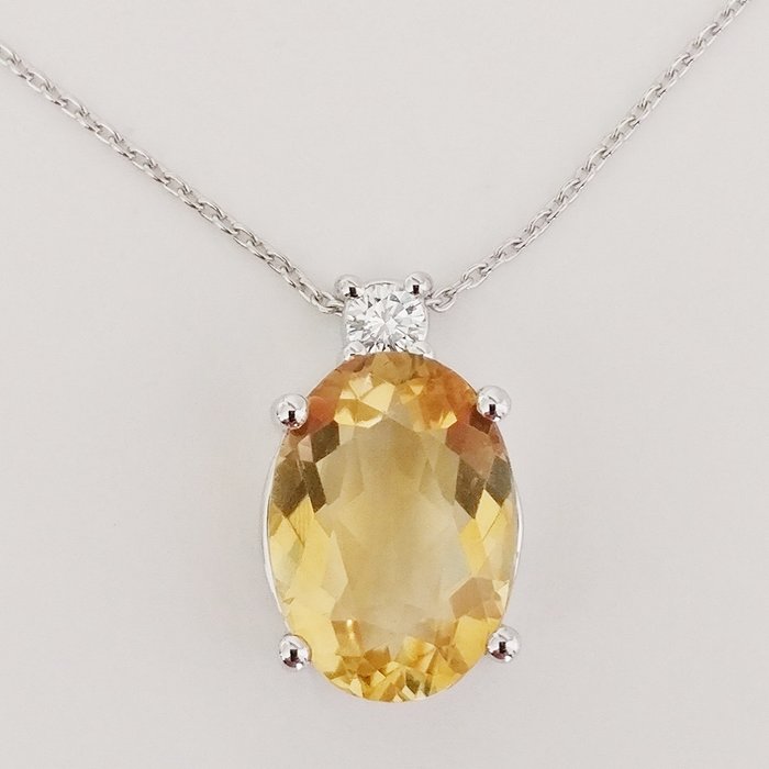 18 kt Weißgold - Halskette mit Anhänger - 5.58 ct Citrin - Diamant