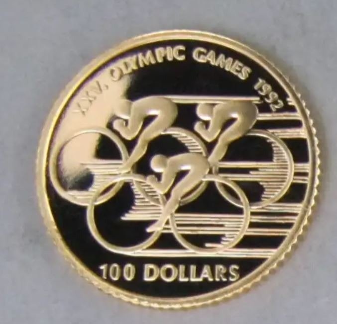 Islas Cook. 100 Dollars 1990 Gedenkmünze Olympiade 1992, 1/10 Oz Proof