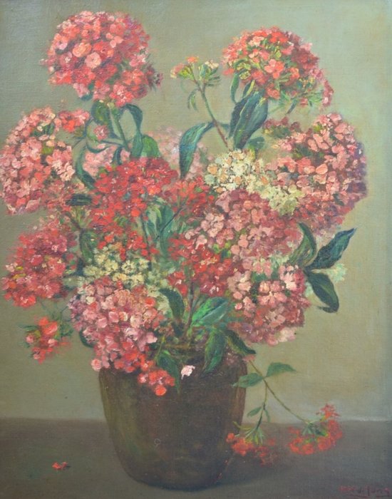 H. W. de Jong (1876-1950) - Een bloemstilleven met duizendschoon in een vaas
