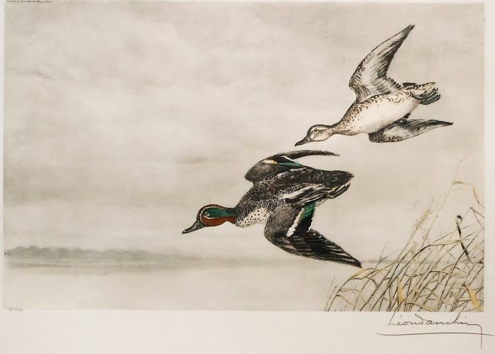 Léon Danchin (1887-1938) - Canards col vert en vol