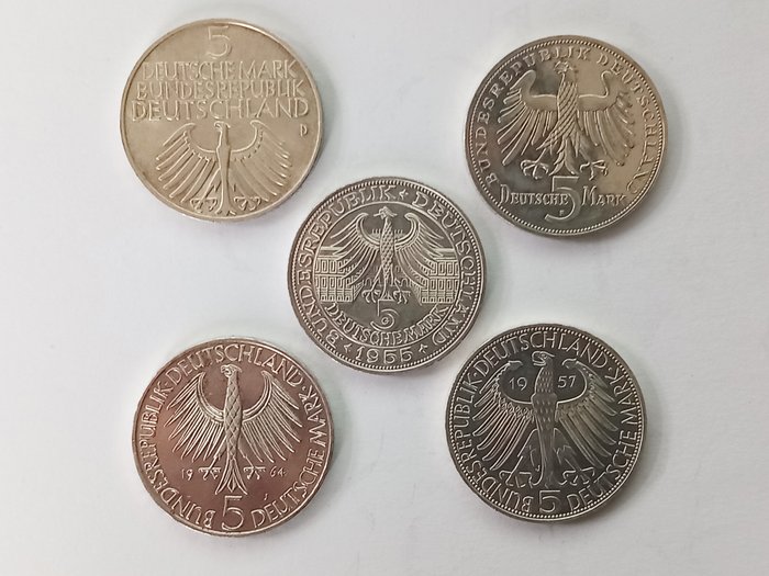 Alemania. 5 x 5 Marks, the first 5 Comemorative issues 1952-1964