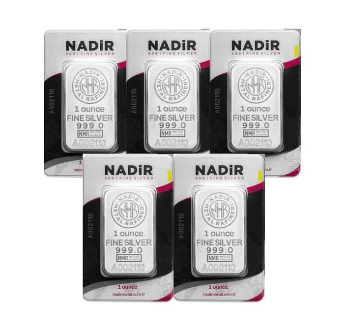 土耳其. 5 x 1 oz Nadir Refinery .999 Fine Silver Bar
