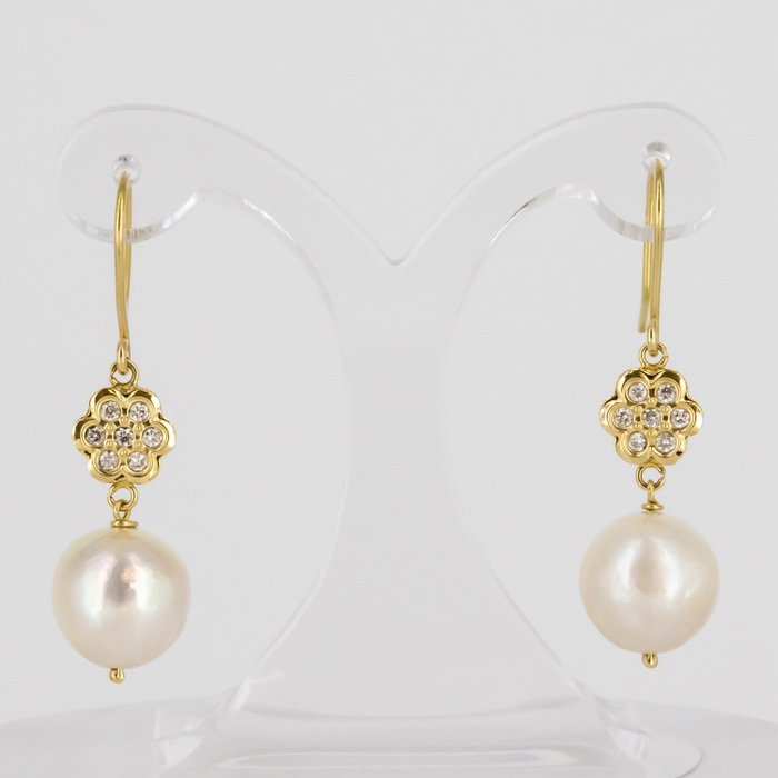 Ohrringe - 18 kt Gelbgold Diamant  (Natürlich) - Perle 