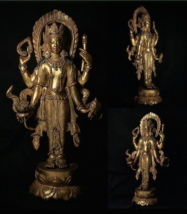 Posąg - Koral, Pozłacany brąz, Turkus - Vishnu - Nepal - Late 19th century