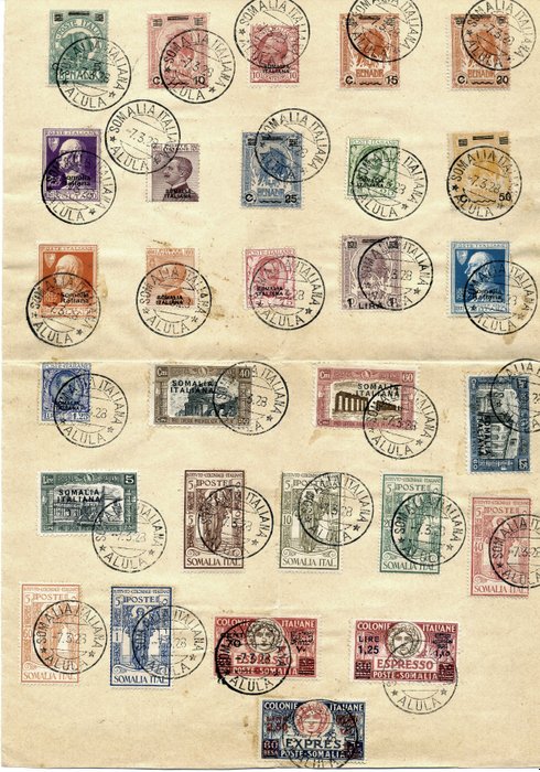Somália Italiana 1934 - Espetacular conjunto de diversas edições em folha com raro cancelamento de Alula. Irrepetíveis