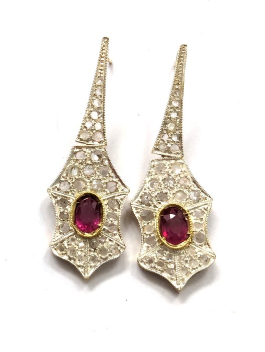 Sans Prix de Réserve - NO RESERVE PRICE - Boucles d'oreilles - 9 carats Argent, Or jaune Rubis - Diamant 