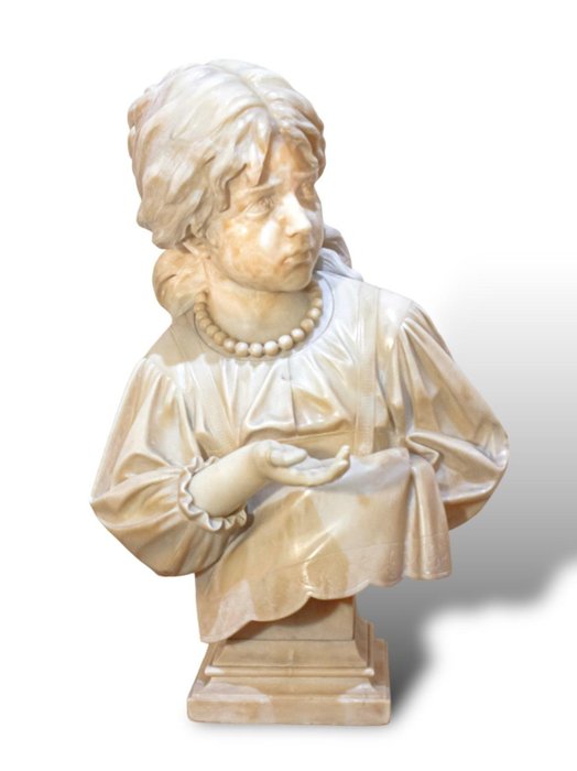 E. Montoni (XIX-XX) - Byst, Busto fanciulla con collana di perle - 60 cm - Alabaster