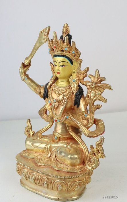 Mooi beeld ( goldface ) Manjushri - brons / goud / verguld / halfedelstenen - Nepal