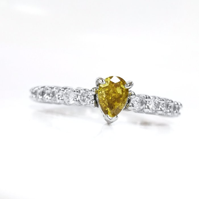 沒有保留價 - 0.22 ct N.Fancy Vivid Brownish Yellow & 0.36 ct D to F Diamond Designer Ring - 1.73 gr - 戒指 - 14 克拉 白金 鉆石  (天然) - 鉆石 