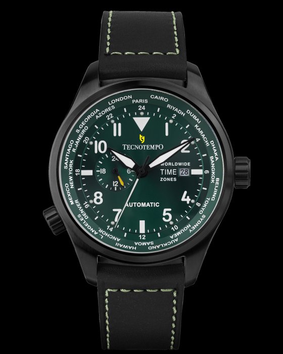 Tecnotempo® - Automatic World Time Zone - Black / Green - Limited Edition - - TT.300.WLKGR - Mænd - 2011-nu
