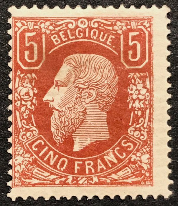 Bélgica 1869 - Leopoldo II 5 francos OBP 37 marrom-vermelho - OBP 37 - met keurmerk