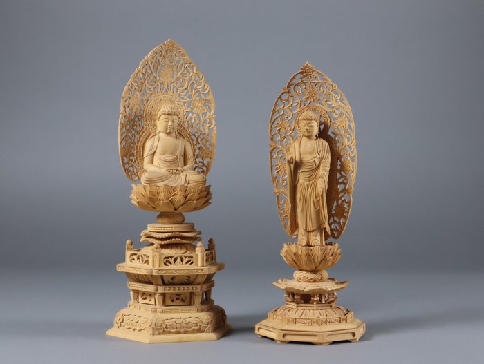 Amitabha 阿弥陀如来 and Shakyamuni 釈迦如来 Statues - Bois - Japon