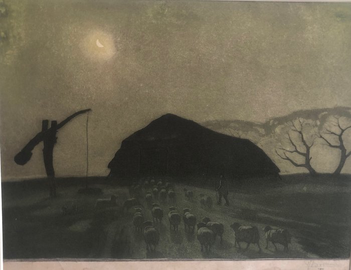 Tjeerd Bottema (1884-1978) - Schapen bij maanlicht