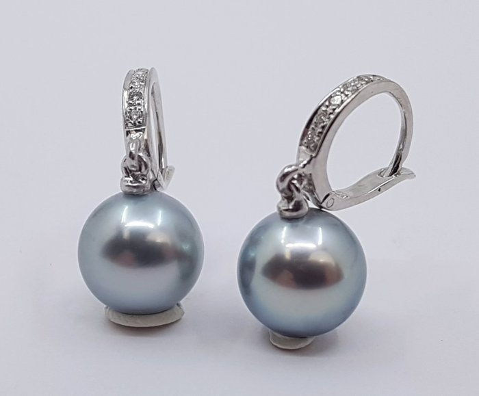 9x10mm Silvery Tahitian Pearl Drops - 0.09Ct - Cercei Aur alb