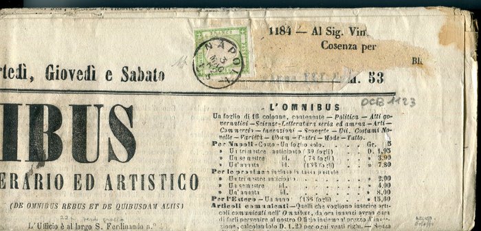 Italian antiikkivaltiot - Napoli 1861 - Napolin maakuntien koko sanomalehti "L'Omnibus" - Sassone 17