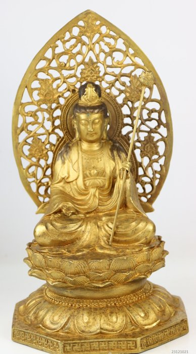 Schitterend Beeld quan yin zittend op lotustroon - Verguld brons - China