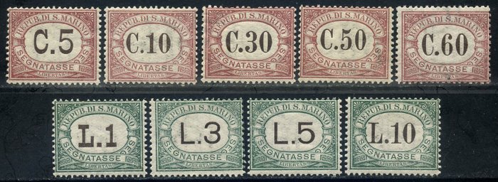 San Marino 1924 - Marca poștală fiscală, numărul 2, serie de 9 valori: Proaspăt și bine conservat - Sassone N. 10/18