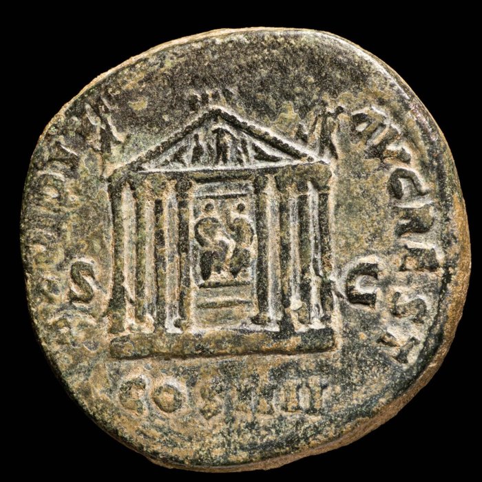 Empire romain. Antonin le Pieux (138-161 apr. J.-C.). Sestertius Rome - TEMPLVM DIV AVG REST COS IIII, Temple of Divus Augustus and Diva Livia
