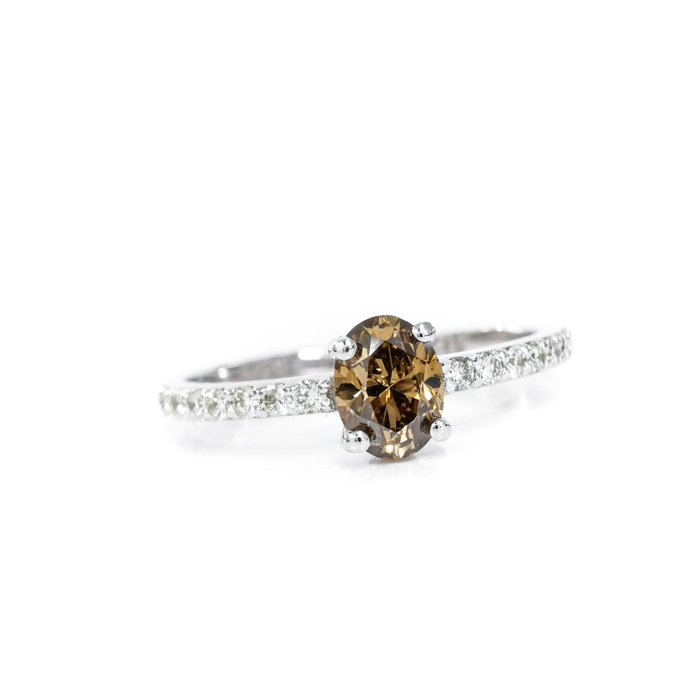 没有保留价 - 0.40 ct Natural Fancy Deep Brown & 0.14 ct D to F Diamond Designer Ring - 1.66 gr - 戒指 - 14K包金 白金 钻石  (天然) - 钻石 