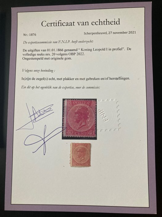 比利時 1866 - 利奧波德一世左側面像：40c 淡粉紅色，附照片證書 - OBP/COB 20