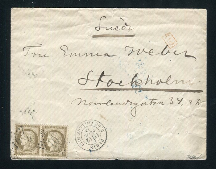 France 1875 - Superbe & Rare lettre de Paris pour Stockholm avec une paire de n° 56