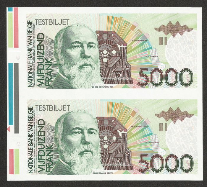 Βέλγιο. - 5000 Francs ND (1980's) - 2 Test notes sin cortar