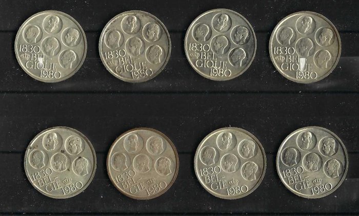 Belgien. 500 Frank 1980, 150 jaar onafhankelijkheid van België (8 stuks) 4xNederlands 4xFrans  (Ohne Mindestpreis)