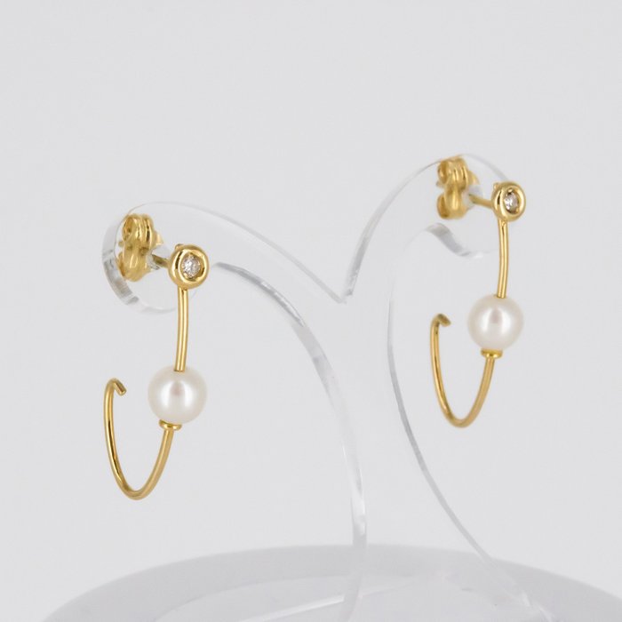 No Reserve Price - Earrings - 18 kt. Yellow gold Diamond  (Natural) - Pearl
