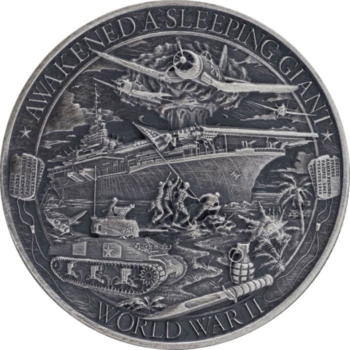 Egyesült Államok. Silver medal 2019 "World War II - Patriot" Antiqued, with Certificate (.999) 1 Oz  (Nincs minimálár)