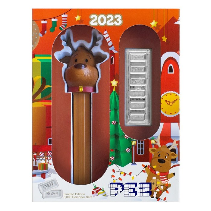 世界. Silver Bar 2022 PEZ® Reindeer Silver Wafers & Dispenser Gift Set, 6 x 5g