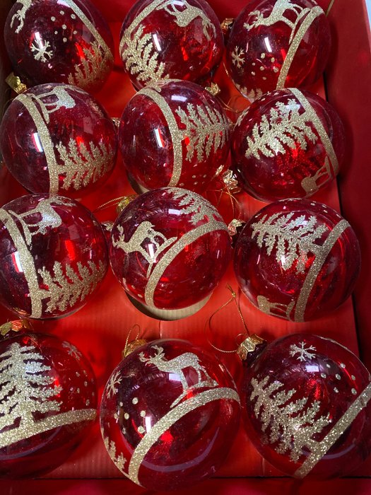 Christmas ball ornament ED Europa: 12 transparante glazen kerstballen met rendieren en dennenbomen motief (12) - Glass