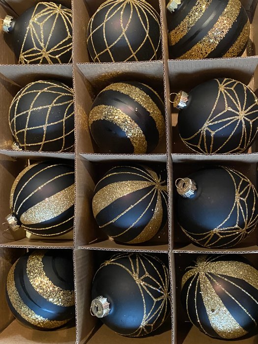 12 zwart met gouden kerstballen, - Weihnachtskugel ED Europa (12) - Glas