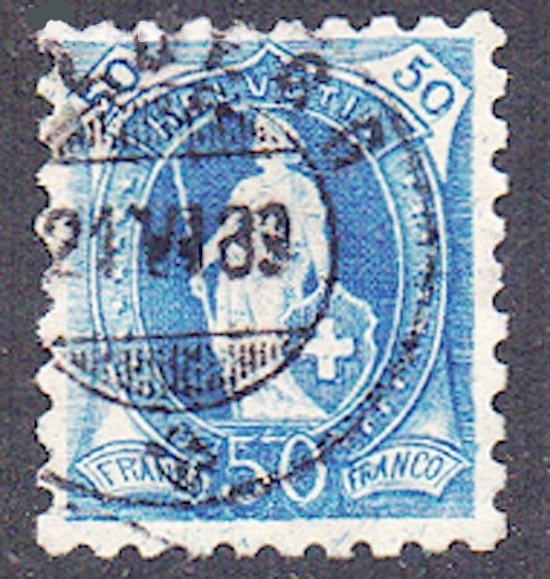 Svizzera  - 1882 stehende Helvetia 50c blu, larghezza 9¾x9¼ gebraucht - Michel 62B