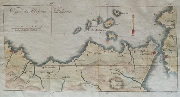 歐洲, 地圖 - 義大利/西西里島/墨西拿/卡拉布里亞/雷焦卡拉布里亞; Vallardi - Viaggio da Messina a Palermo - 1821-1850
