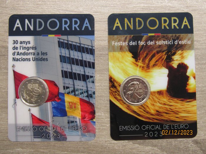 Andorra. 2 Euro 2023 "Solstici d'Estiu" + "Nacions Unides" (2 coincards)  (Ohne Mindestpreis)