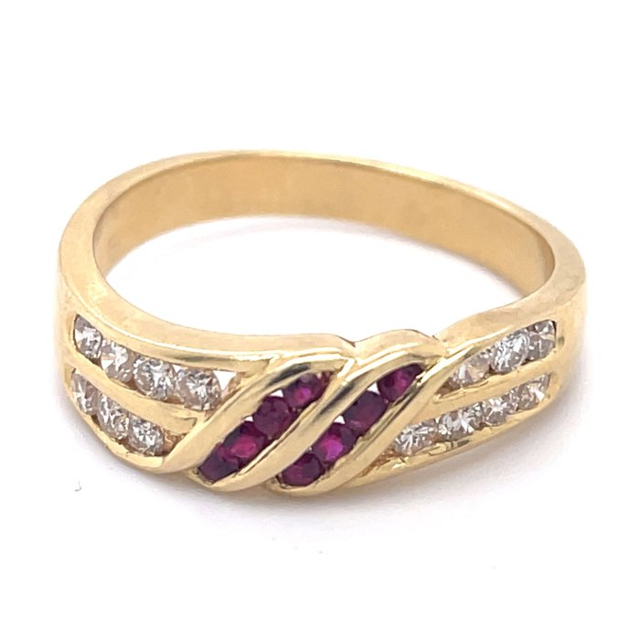 Ring - 18 karaat Geel goud Robijn - Diamant 