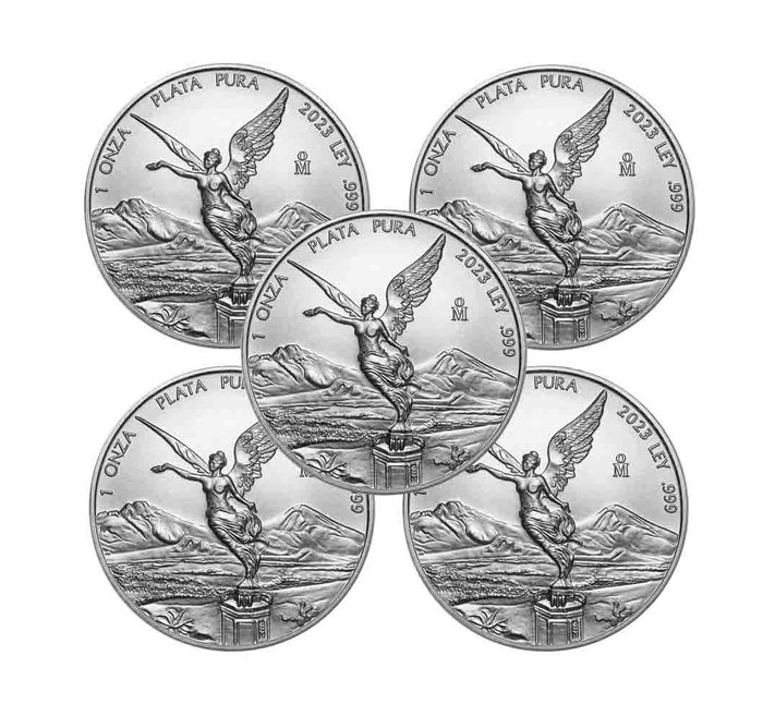 México. 2023 1 Onza Mexican Libertad Silver Coin in capsule, 5 x 1 oz
