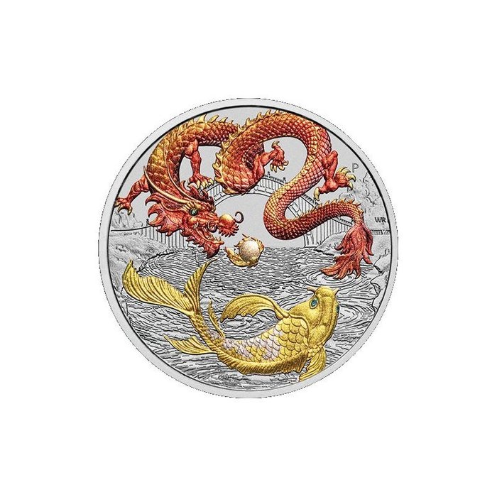 Australia. 1 Dollar 2023 Chinese Myths & Legends - Dragon & Koi 1 Oz BU/Red and Gold (.999)  (Sin Precio de Reserva)
