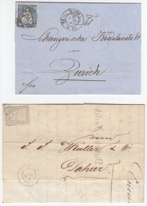 Schweiz 1863 - Verdrehter Stempel (!!) - 2Rp. Strubel (21G) auf Brief von Basel und dazu 10Rp sitzende Helvetia gezähnt