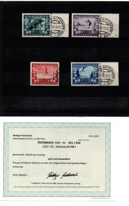 Austria 1933/1933 - Serie FIS 1 con francobolli di lusso con certificato - Michelkatalog 551-554